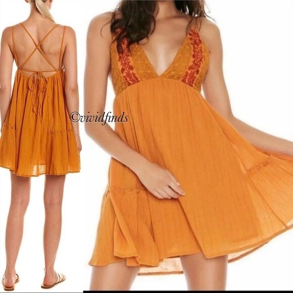 L*Space Mini Halter Crochet Elaina Sun Beach Dress S Orange Boho Swing Mini Sexy - Picture 1 of 11